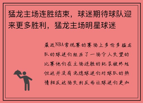 猛龙主场连胜结束，球迷期待球队迎来更多胜利，猛龙主场明星球迷